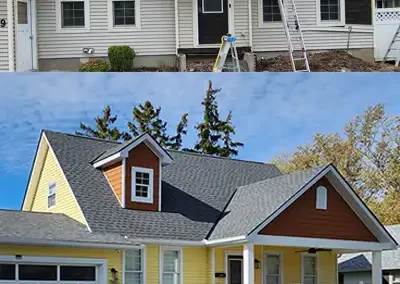 large porch extension before and after with new concrete sidewalk and new asphalt driveway