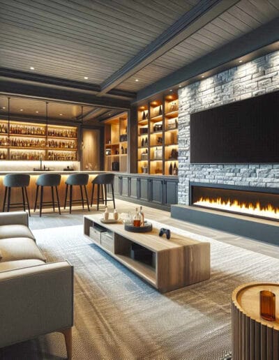 basement design of stone fireplace feature